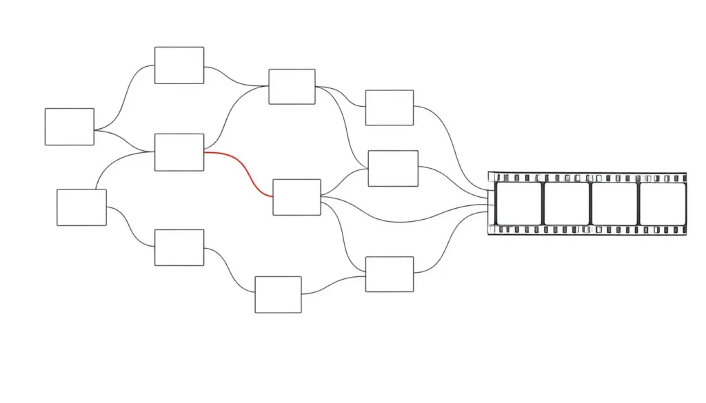 Illustration of a node-based video generation workflow ending in a film strip