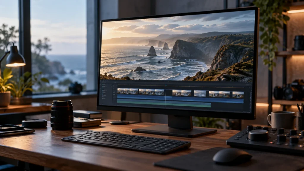 Video editing workstation with a coastal scene on the monitor and a video timeline.