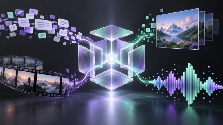 Editorial illustration connecting an open geometric structure to text, image, video and audio