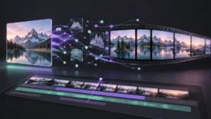 Editorial illustration of a landscape image passing through connected nodes into a video timeline