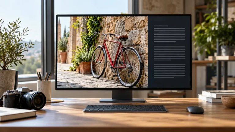 Research monitor displaying a bicycle photograph beside a text panel.