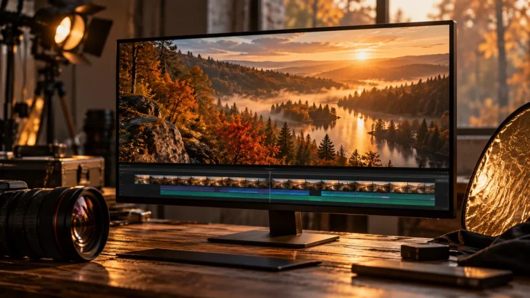 Video workstation showing an autumn forest scene.