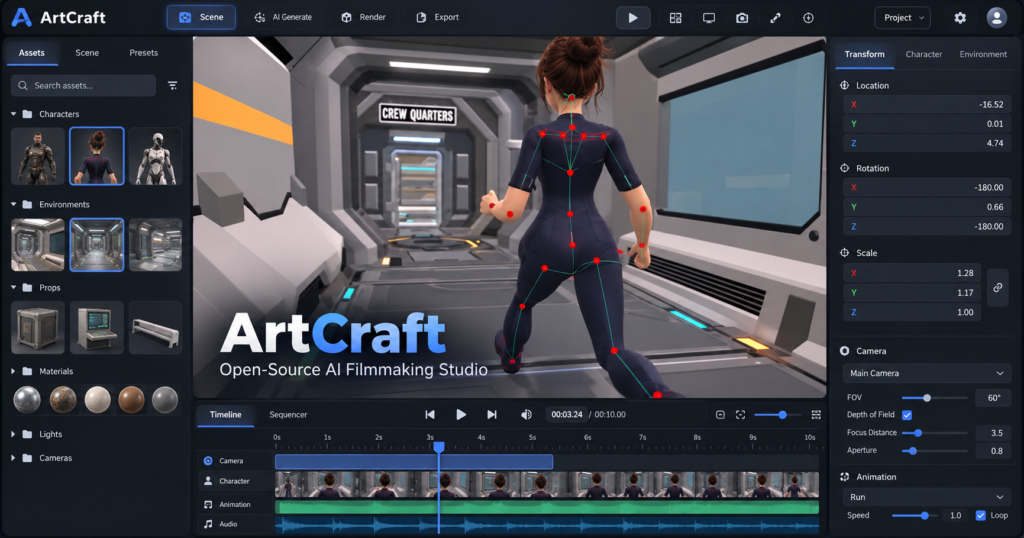 AI-generated editorial illustration of an ArtCraft-style 3D filmmaking editor showing character posing, sci-fi scene, timeline, asset library and camera settings.