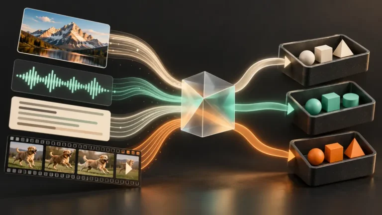 Image, audio, text and video inputs passing through a prism into sorted categories