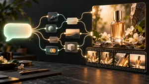 Conceptual illustration of a chat bubble connecting to image-generation nodes and a product-video filmstrip