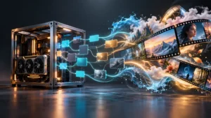Conceptual illustration of connected AI workflow nodes flowing from a GPU workstation into cinematic film frames.