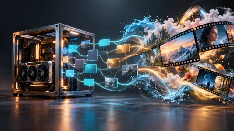 Conceptual illustration of connected AI workflow nodes flowing from a GPU workstation into cinematic film frames.
