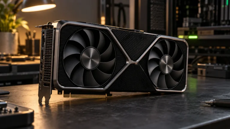 Illustrative graphics card on a workstation bench for an article about RTX 30 GPU unlock on Linux