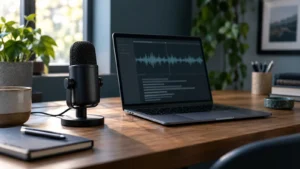 Microphone beside a laptop displaying an illustrative audio waveform and transcript on a desk.