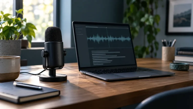 Microphone beside a laptop displaying an illustrative audio waveform and transcript on a desk.