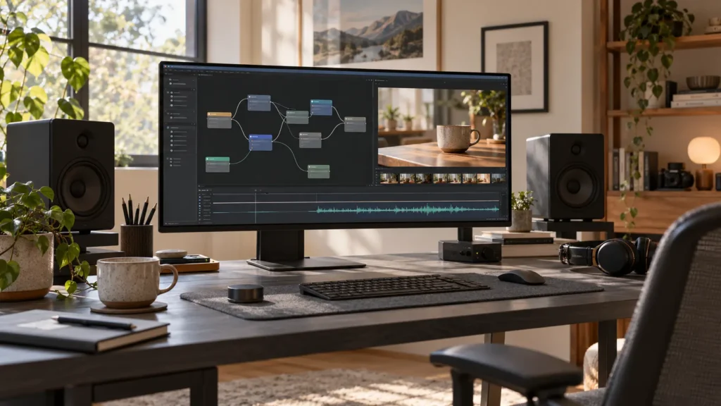 Video editing workstation with a conceptual node workflow, ceramic cup preview and audio waveform on the monitor.