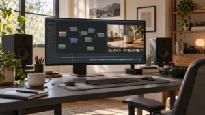 Video editing workstation with a conceptual node workflow, ceramic cup preview and audio waveform on the monitor.