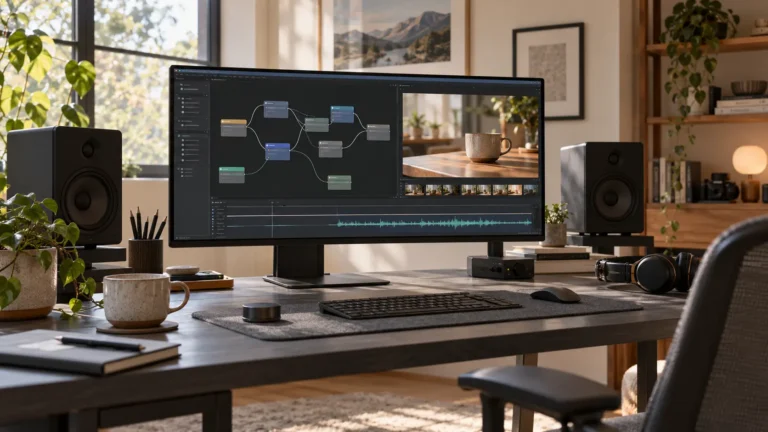 Video editing workstation with a conceptual node workflow, ceramic cup preview and audio waveform on the monitor.
