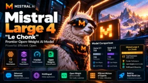 Mistral Large 4 Le Chonk AI model with 1T total parameters, 49B active parameters and reasoning capabilities