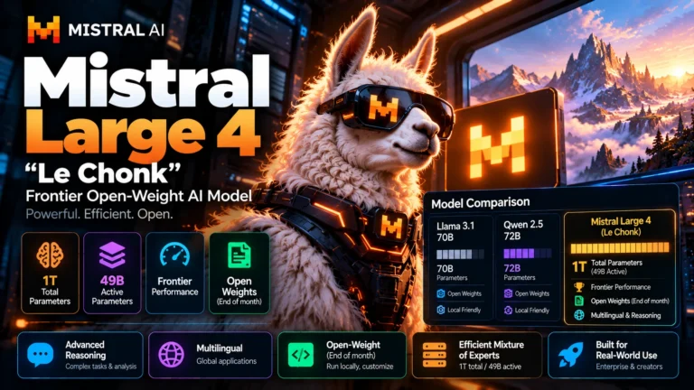 Mistral Large 4 Le Chonk AI model with 1T total parameters, 49B active parameters and reasoning capabilities