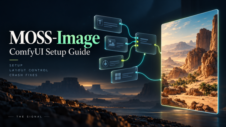 Editorial illustration of connected workflow nodes beside a desert landscape for the MOSS-Image ComfyUI setup guide.