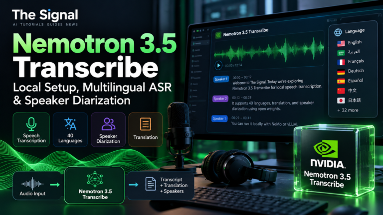 Editorial illustration of Nemotron 3.5 Transcribe, multilingual speech recognition and speaker diarization