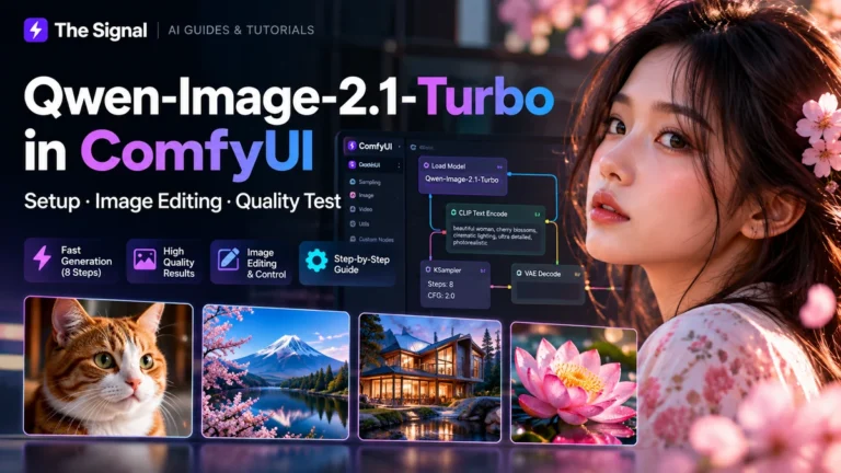 Qwen-Image-2.1-Turbo in ComfyUI tutorial cover showing an AI-generated portrait, image examples, and a node-based workflow.