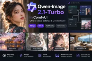 Illustrated Qwen Image 2.1 Turbo ComfyUI guide showing eight sampling steps and CFG 1