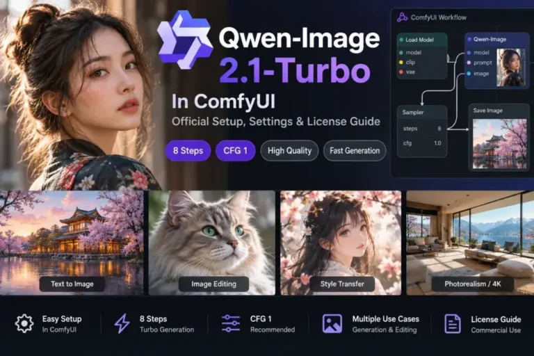 Illustrated Qwen Image 2.1 Turbo ComfyUI guide showing eight sampling steps and CFG 1
